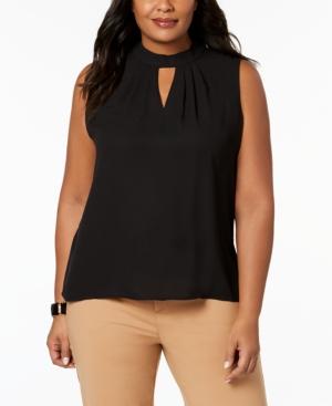 Nine West Plus Size Pleated Keyhole Blouse