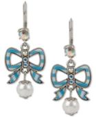 Betsey Johnson Silver-tone Imitation Pearl Striped Bow Drop Earrings