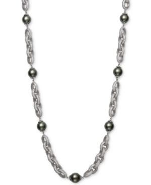 Belle De Mer Cultured Black Tahitian Pearl (10mm) & Cubic Zirconia 18 Statement Necklace In Sterling Silver