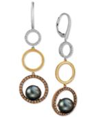 Le Vian Chocolatier Black Cultured Pearl (9mm) & Diamond (7/8 Ct. T.w.) Circle Drop Earrings In 14k Gold, White Gold & Rose Gold