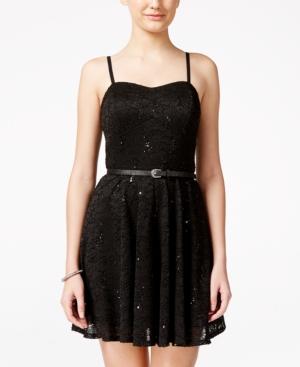 As U Wish Juniors' Sequin Lace Fit-and-flare Party Dress With Belt