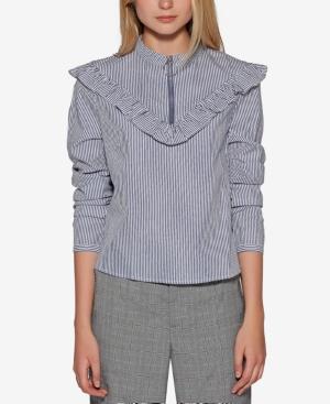 Avec Les Filles Cotton Striped Zip-front Ruffle Top