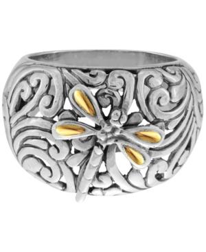 Sweet Dragonfly Classic Sterling Silver Ring Embellished By 18k Gold Accents On 4 Strips Of Dragonfly's Wings