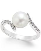 Cultured Freshwater Pearl (8mm) And Cubic Zirconia Bypass Ring In Sterling Silver
