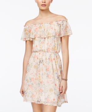 Sequin Hearts Juniors' Floral-print Off-the-shoulder Dress