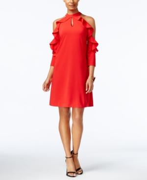 Eci Ruffled Cold-shoulder Shift Dress