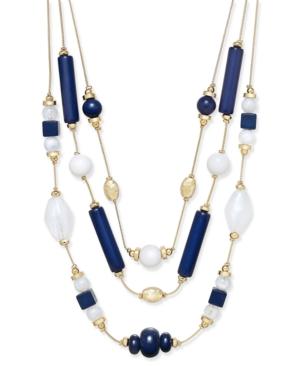 Inc International Concepts Gold-tone Navy And White Beaded Multi-row Layer Necklace, Only At Macy's