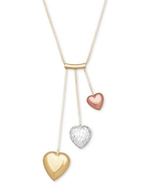Tri-color Puff Heart Pendant Necklace In 14k Gold, White Gold & Rose Gold