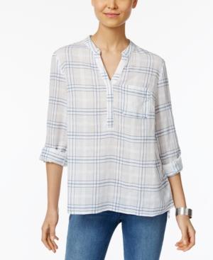 Style & Co Cotton Windowpane-plaid Top, Only At Macy's