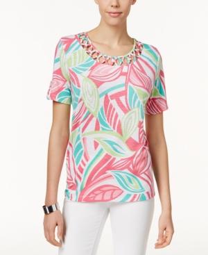 Alfred Dunner Petite Leaf-print Lattice-detail Top