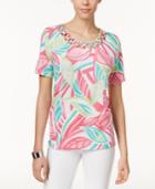 Alfred Dunner Petite Leaf-print Lattice-detail Top