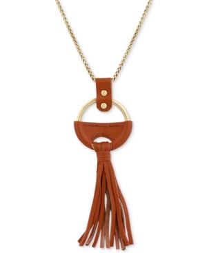 Lucky Brand Gold-tone Brown Leather Tassel Pendant Necklace