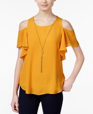 Bcx Juniors' Ruffled Cold-shoulder Necklace Blouse