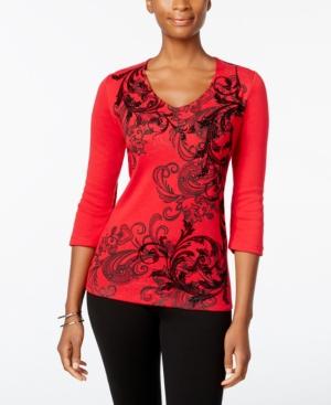 Karen Scott Scroll-print Flocked Top, Only At Macy's