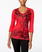 Karen Scott Scroll-print Flocked Top, Only At Macy's