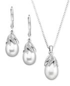 Sterling Silver Pendant And Earrings Set, Cultured Freshwater Pearl And Diamond Accent Leaf