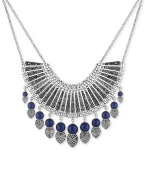 Lucky Brand Silver-tone Ornamental Blue Stone And Dark Pave Statement Necklace