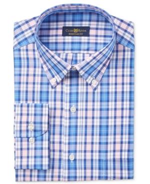 Club Room Men's Estate Classic/regular Fit Wrinkle Resistant Pink Navy Plaid Dress Shirt, Only At Macy's