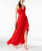 Betsy & Adam Ruffled Chiffon Slit Gown