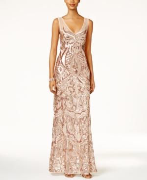 Adrianna Papell V-neck Sequined Illusion Gown