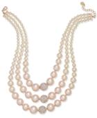 Charter Club Rose Gold-tone Pave & Pink Imitation Pearl Triple-row Necklace, Created For Macy's
