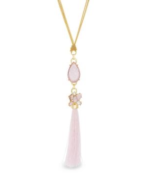 Catherine Malandrino Women's Pink Teardrop Shaped Rhinestone Station Yellow Gold-tone Tassel Necklace