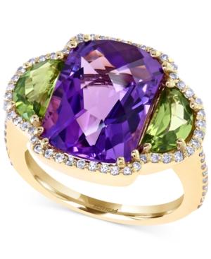 Effy Amethyst (10 Ct. T.w. ), Peridot (2 Ct T.w.) And Diamond (3/8 Ct. T. W.) Ring In 14k Gold
