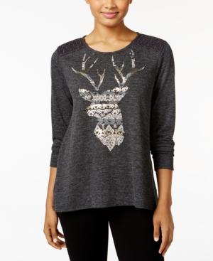 Style & Co. Deer Graphic Crochet-trim Top, Only At Macy's