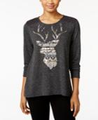 Style & Co. Deer Graphic Crochet-trim Top, Only At Macy's