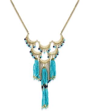 Gold-tone Turquoise Seed Bead Fringe Necklace