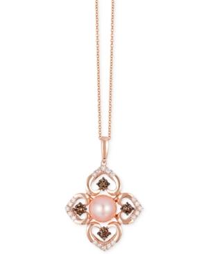 Le Vian Chocolatier Pink Freshwater Pearl (8mm) And Diamond (3/4 Ct. T.w.) Flower Pendant Necklace In 14k Rose Gold