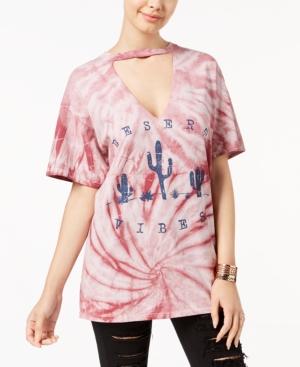 Hybrid Juniors' Cotton Tie-dyed Choker-neck T-shirt