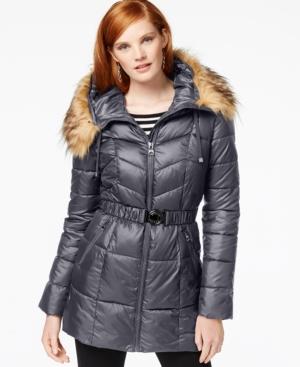 Guess Faux-fur-trim Belted Puffer Coat