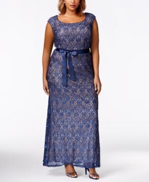 R & M Richards Plus Size Cap-sleeve Lace Gown