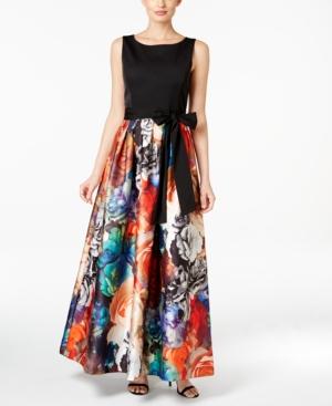 Tahari Asl Floral-print Bow Sash Ball Gown