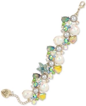 Betsey Johnson Gold-tone Crystal & Imitation Pearl Seashell Cluster Flex Bracelet