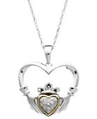 14k Gold And Sterling Silver Necklace, Diamond Accent Claddagh Pendant