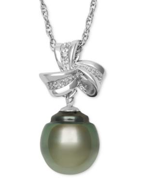 Sterling Silver Necklace, Cultured Tahitian Pearl (9mm) And Diamond Accent Bow Drop Pendant