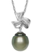 Sterling Silver Necklace, Cultured Tahitian Pearl (9mm) And Diamond Accent Bow Drop Pendant