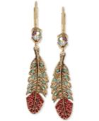 Betsey Johnson Gold-tone Crystal And Pave Feather Drop Earrings