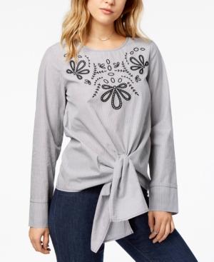Kensie Cotton Embroidered Tie-front Top