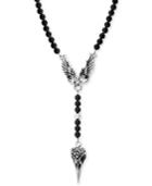 King Baby Men's Onyx Beaded Wing And Raven Skull Pendant Necklace In Sterling Silver