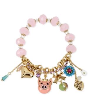Betsey Johnson Gold-tone Pink Beaded Pig Charm Bracelet