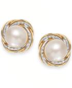 Cultured Freshwater Pearl (9mm) And Diamond (1/10 Ct. T.w.) Knot Stud Earrings In 14k Gold