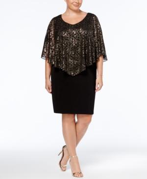 Connected Plus Size Metallic Rose-print Cape Dress