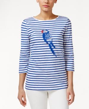 Charter Club Petite Embellished Graphic Striped Tee, Only At Macy's