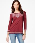 Lucky Brand Three-quarter-sleeve Embroidered Top