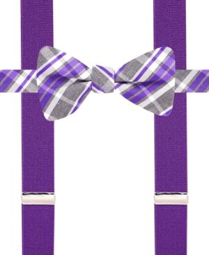 Alfani Spectrum Charcoal Plaid Pre-tied Bow Tie And Suspender Set, Only At Macy's