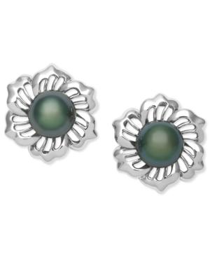 Sterling Silver Earrings, Cultured Tahitian Black Pearl Flower Earrings
