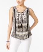 Style & Co Mixed-print Tasseled Top, Only At Macy's